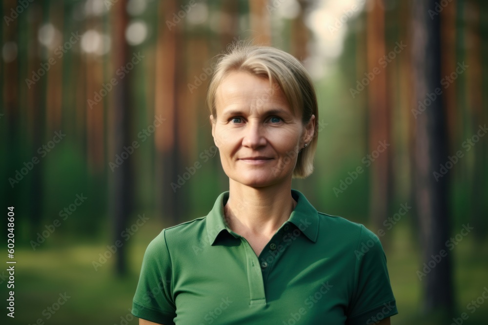 Portrait of a middle-aged woman in a green polo shirt in the forest Portrait of a middle-aged woman in a green polo shirt in the forest