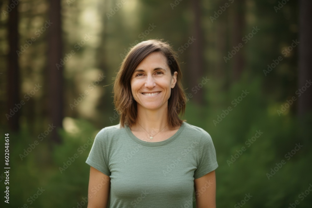Portrait of a smiling woman in a green t-shirt in the forest Portrait of a smiling woman in a green t-shirt in the forest