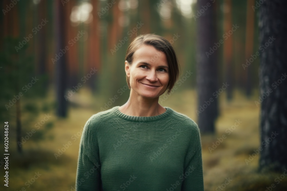 Portrait of a smiling woman in a green sweater in the forest Portrait of a smiling woman in a green sweater in the forest