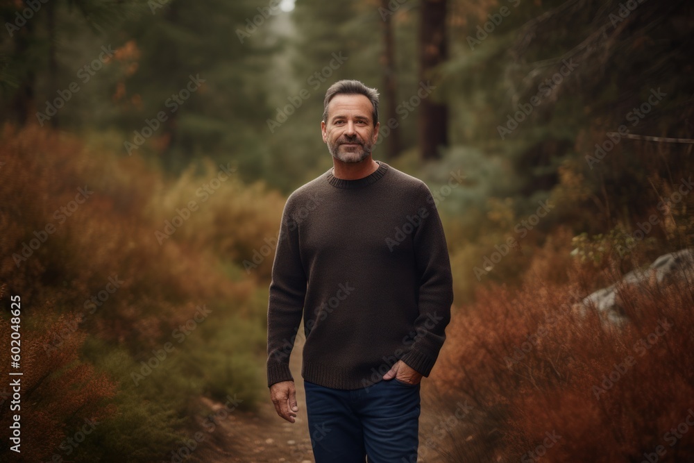 Portrait of a handsome middle-aged man walking in the autumn forest.