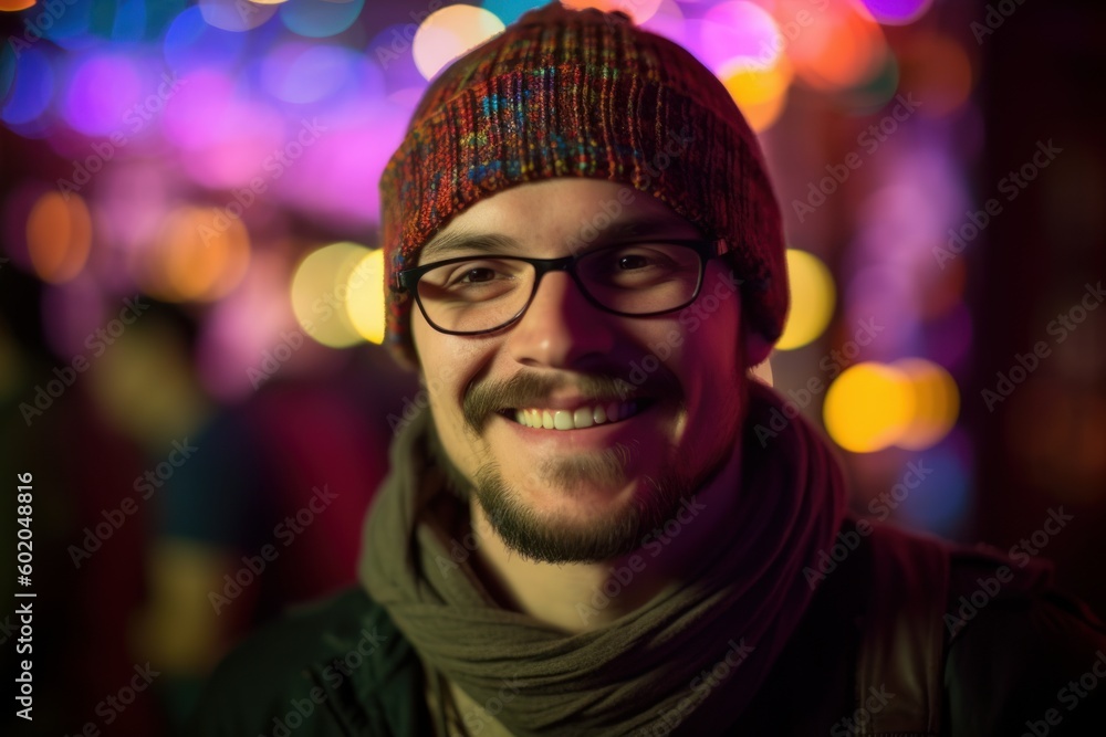 Portrait of a handsome young man in a red hat and glasses on a background of colored lights Portrait of a handsome young man in a red hat and glasses on a background of colored lights