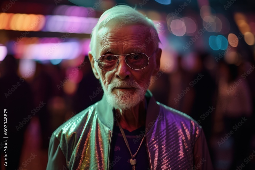 Portrait of a senior man in the night club with colorful lights Portrait of a senior man in the night club with colorful lights