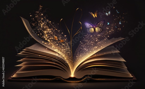 A book with a glowing pages and butterflies flying around it. © aimart