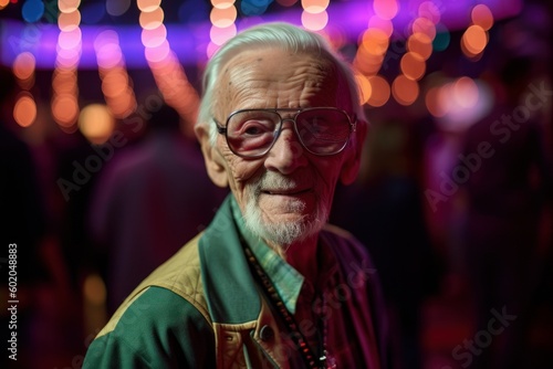 Portrait of an old man with glasses in the city at night