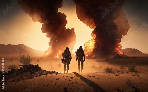 Two soldiers walk through the desert with smoke coming out of them.