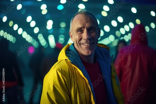 Portrait of smiling senior man in sportswear at night club
