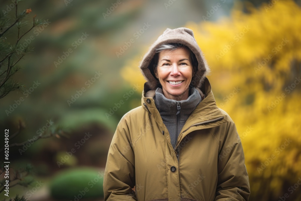 Portrait of smiling mature woman in winter jacket and hat standing in park