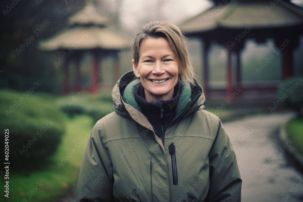 Pet portrait photography of a grinning woman in her 40s wearing a warm parka against a zen garden or tranquil background. Generative AI Pet portrait photography of a grinning woman in her 40s wearing a warm parka against a zen garden or tranquil background. Generative AI
