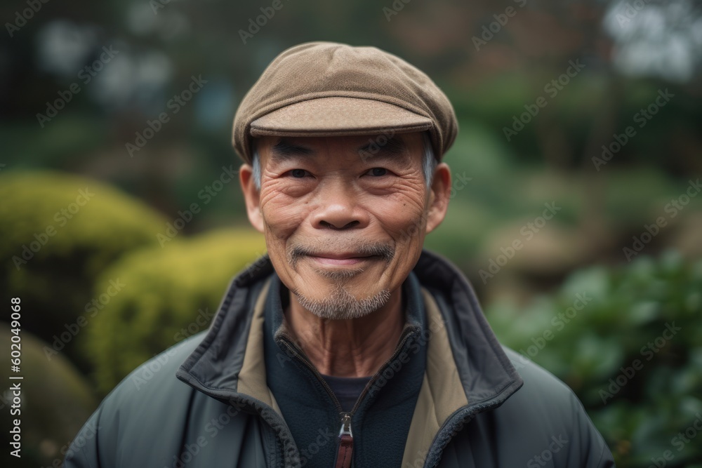 Portrait of an elderly Japanese man wearing a cap in the garden Portrait of an elderly Japanese man wearing a cap in the garden