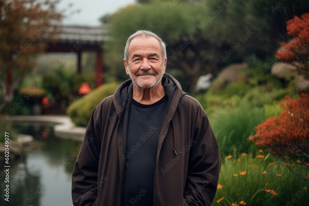 Portrait of a senior man in a Japanese garden. He is looking at the camera and smiling.