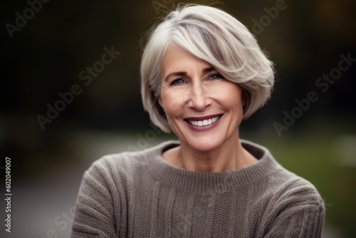 Lifestyle portrait photography of a pleased woman in her 50s wearing a cozy sweater against a film set or hollywood background. Generative AI