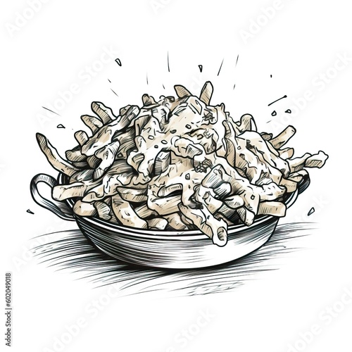 A hand drawn sketch of Quebec poutine in a bowl created by an AI generative