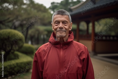 Portrait of a happy senior Japanese man in red jacket at the park