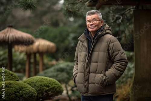 Portrait of a senior Japanese man standing in a Japanese garden.