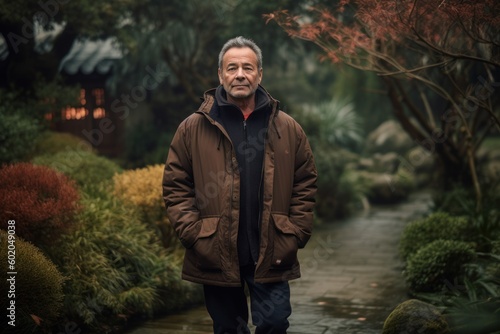 Portrait of a senior man standing in a park in autumn.