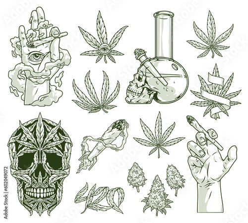 Cannabis addiction monochrome set sticker