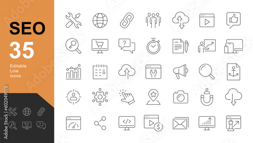 Search Engine Optimization Line Editable Icons set. Vector illustration in modern thin line style of technology icons: web development, strategy, optimization and more. Pictograms and infographic