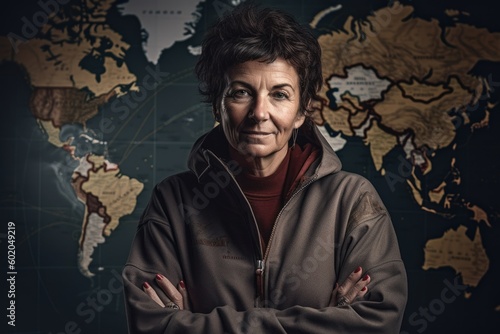 Portrait of a woman in front of a map of the world