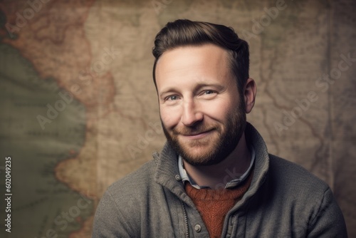 Portrait of a handsome young man with a beard on a map background © Robert MEYNER