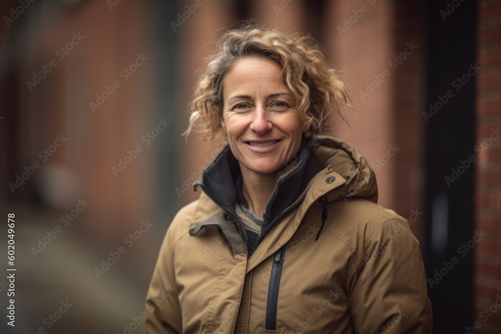 Portrait of smiling middle aged woman with curly hair in the city Portrait of smiling middle aged woman with curly hair in the city