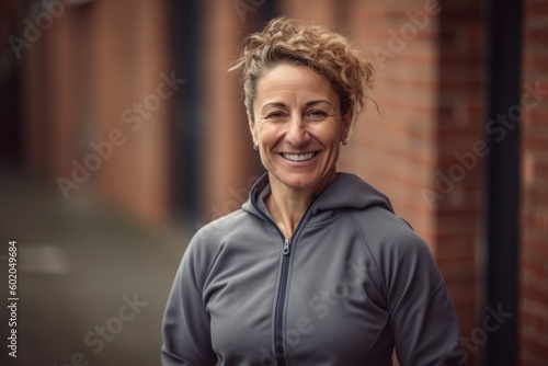 Portrait of smiling middle aged woman in sportswear standing outdoors