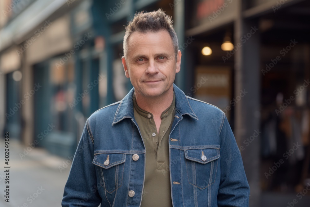 Portrait of a handsome man in jeans jacket standing in the street Portrait of a handsome man in jeans jacket standing in the street