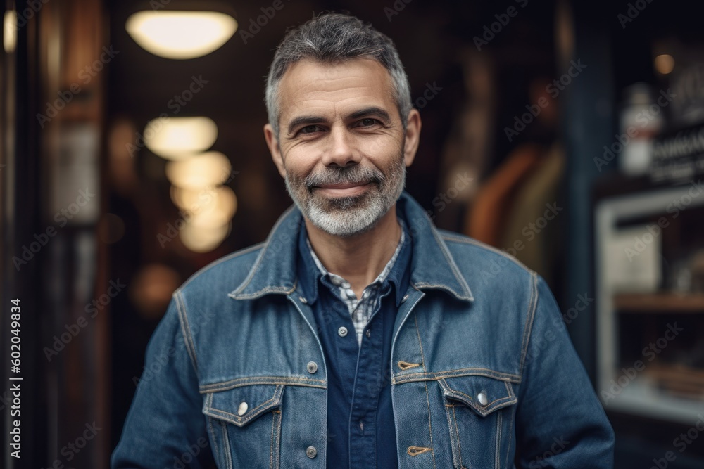 Portrait of a handsome middle-aged man with a beard in a denim jacket Portrait of a handsome middle-aged man with a beard in a denim jacket