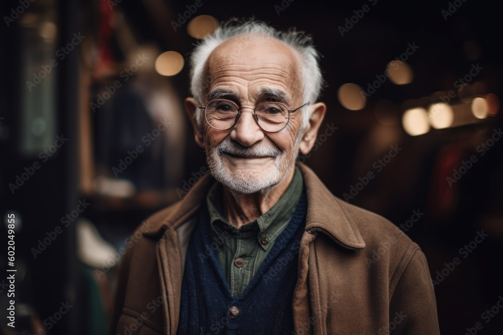 Portrait of senior man with eyeglasses standing in cafe. Portrait of senior man with eyeglasses standing in cafe.