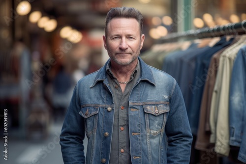 Portrait of a middle-aged man in a denim jacket on a city street