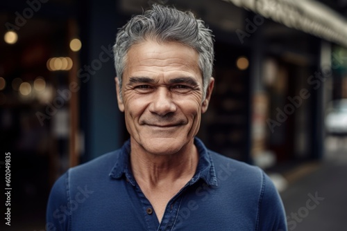 Portrait of a handsome mature man with grey hair in a blue shirt.