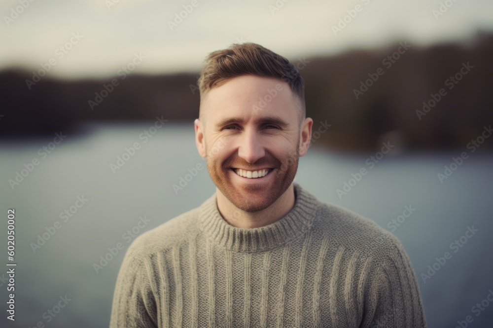 Portrait of a handsome young man in a knitted sweater on the background of a lake Portrait of a handsome young man in a knitted sweater on the background of a lake