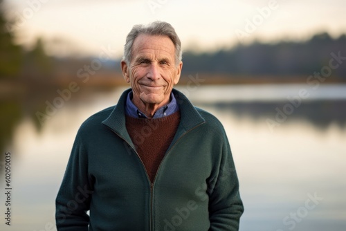 Portrait of a senior man standing by the lake looking at camera