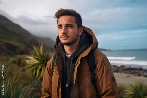 Handsome young man standing in front of the ocean on a cloudy day
