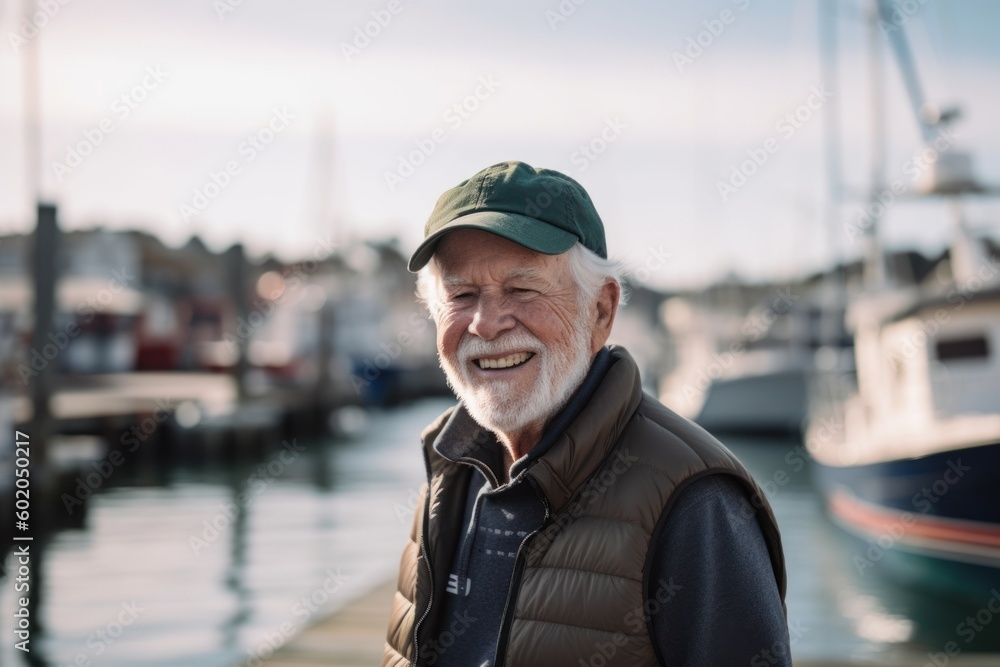Φωτογραφία Medium shot portrait photography of a pleased man in his 70s wearing a cozy sweater against a fishing village or dock background