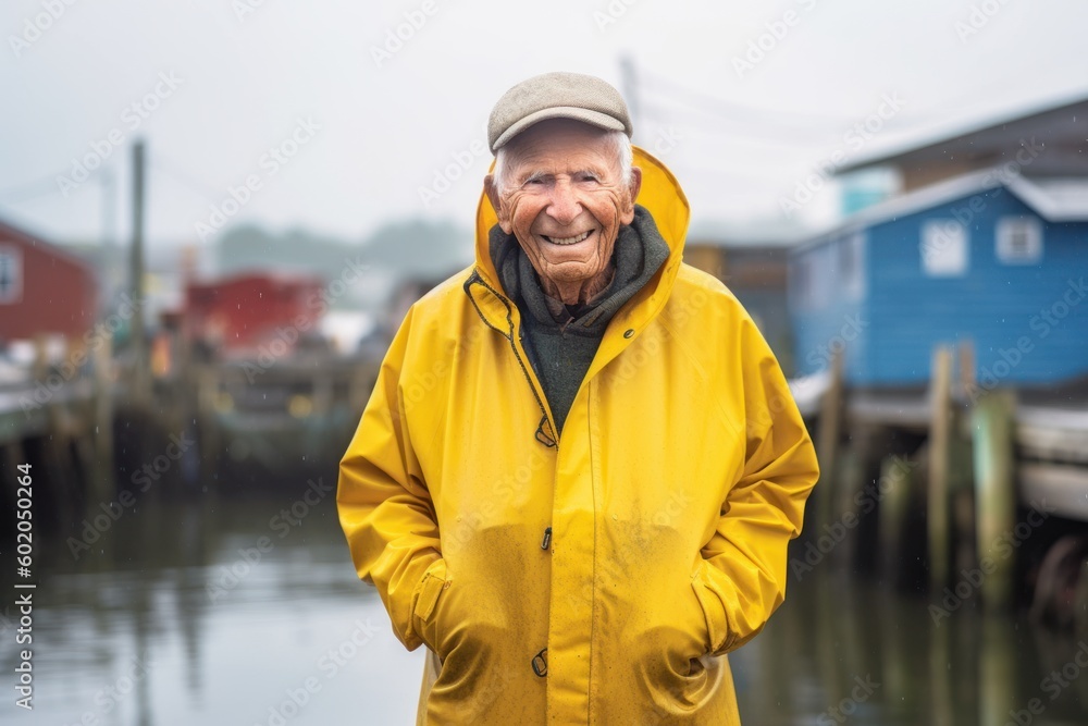 Portrait of happy senior man in yellow raincoat standing at pier Portrait of happy senior man in yellow raincoat standing at pier