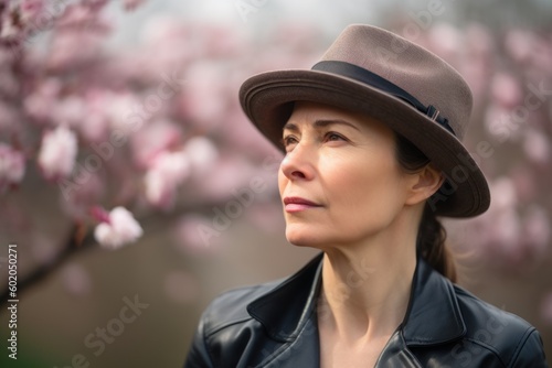 Portrait of a beautiful woman in a hat on a background of blooming trees.