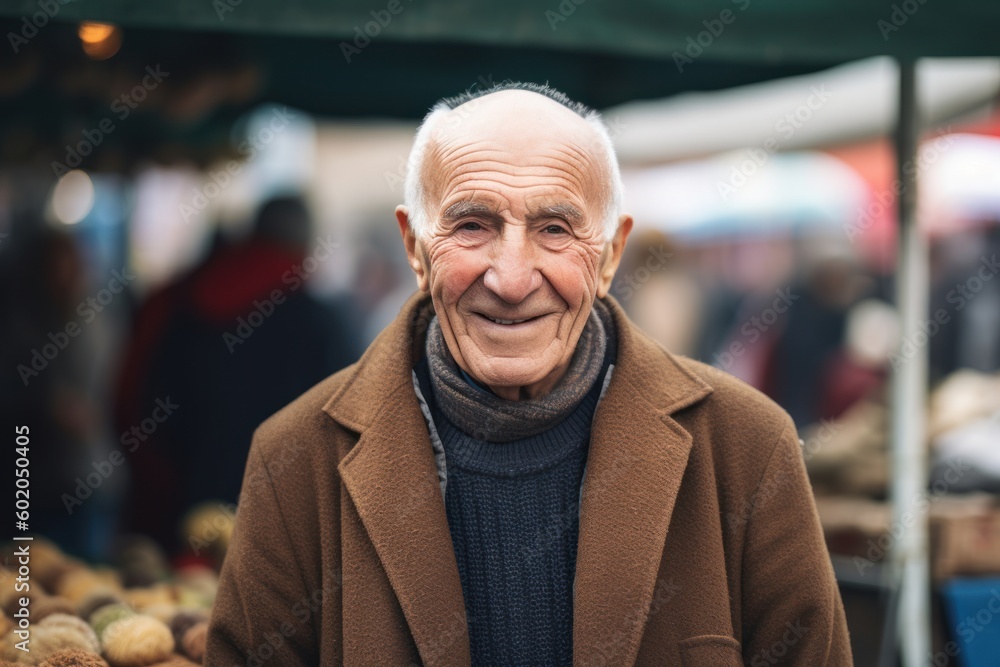 Elderly man in a brown coat and scarf at a market Elderly man in a brown coat and scarf at a market