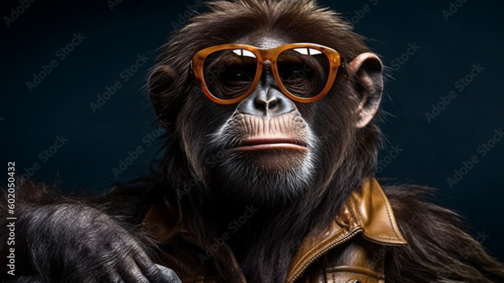 Funny monkey in sunglasses in trendy style on colorful background. Portrait pet summer. Pet care, generated AI Generative AI