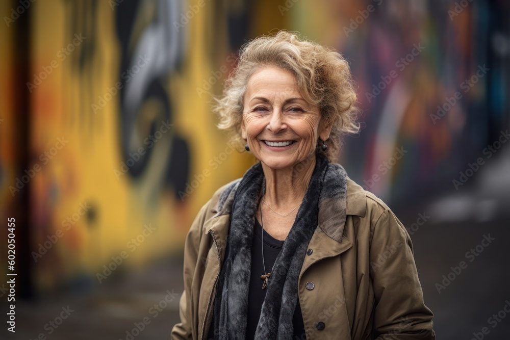 Portrait of a smiling senior woman standing outdoors in the city.