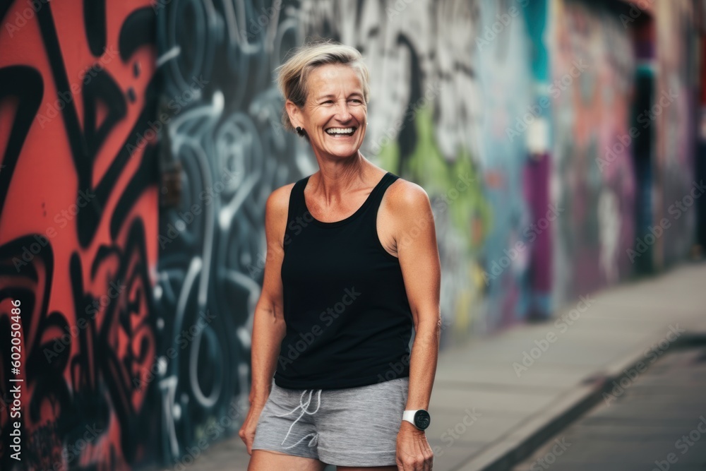 Naklejka premium Smiling mature woman in sportswear standing in front of graffiti wall