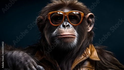 Funny monkey in sunglasses in trendy style on colorful background. Portrait pet summer. Pet care, generated AI Generative AI © KatrinaEra