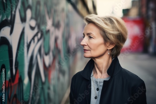 Beautiful middle-aged woman with short blond hair in the city