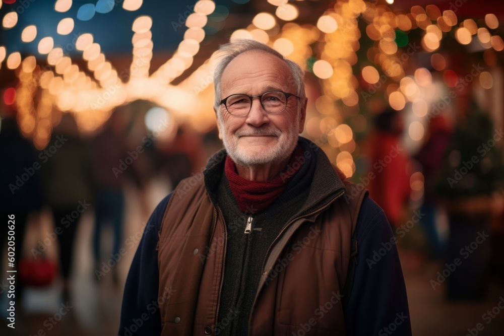 Environmental portrait photography of a pleased man in his 60s wearing a cozy sweater against a festive market or holiday event background. Generative AI