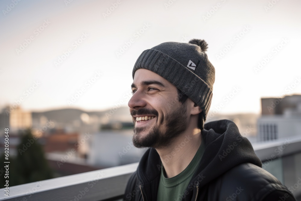 Portrait of a handsome young man with hat and coat smiling outdoors Portrait of a handsome young man with hat and coat smiling outdoors