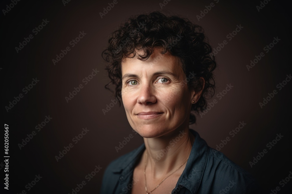 portrait of a middle-aged woman with curly hair on a dark background portrait of a middle-aged woman with curly hair on a dark background