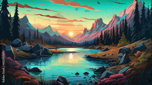 Mystical beauty of nature with a cartoon of a mountain and lake landscape. The design features rocky mountains, a forest, and a river, along with various wildlife. Created with Generative AI