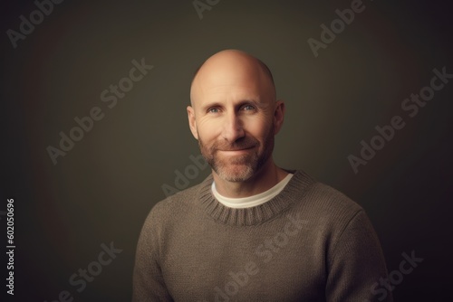 Portrait of a bald man in a sweater on a dark background
