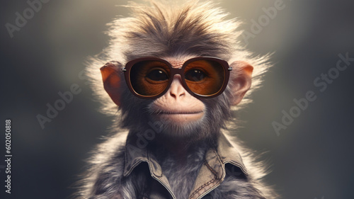 Funny monkey in sunglasses in trendy style on colorful background. Portrait pet summer. Pet care  generated AI Generative AI