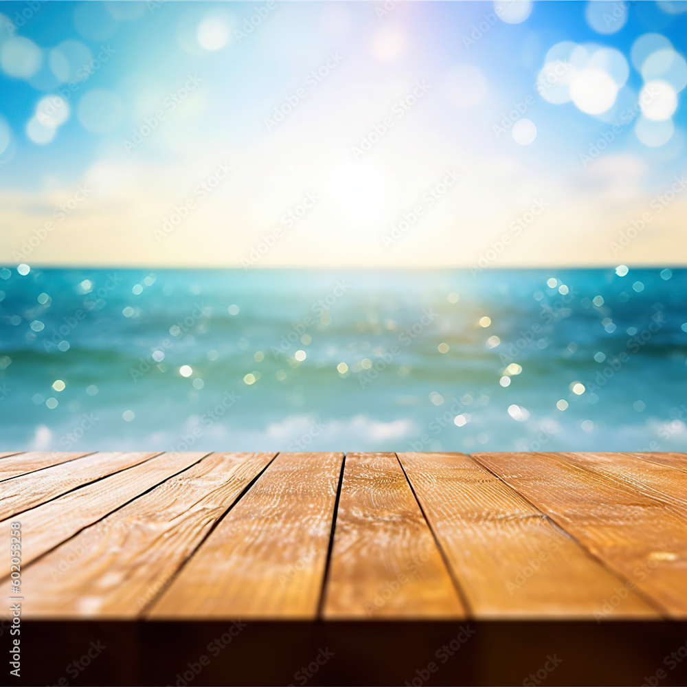 Wood table top on blur sparkling sea water Wood table top on blur sparkling sea water