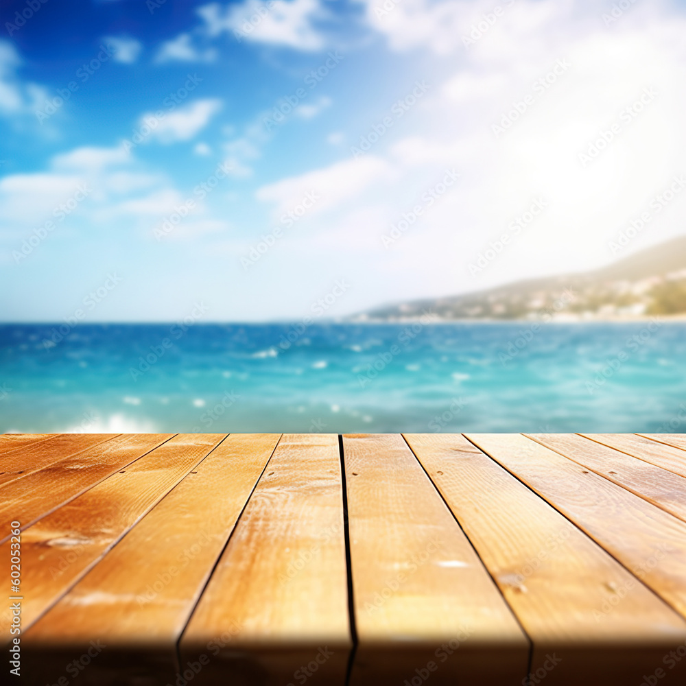 Wood table top on blur sparkling sea water Wood table top on blur sparkling sea water